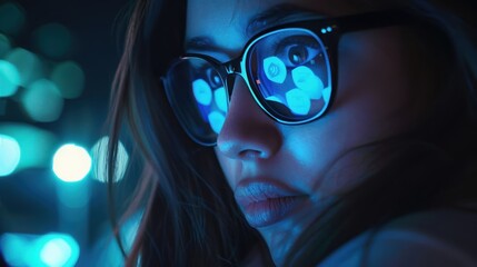 a focused woman studies data on a screen with the digital interface reflected in her glasses.