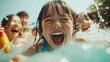 © Larisa AI - A vibrant and lively scene of children enjoying a summer day at the pool, highlighting their joy and excitement mixed with splashes of water in the air around them.
