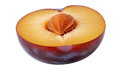 Poster - Close-up of a ripe plum cut in half showing the juicy fruit and seed