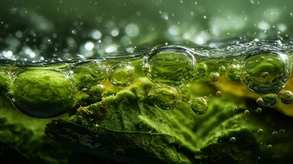 Poster - Vibrant green leaf submerged in water, adorned with sparkling bubbles, reflects and refracts light, creating a captivating display of nature's beauty