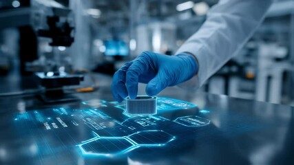 Aufkleber - engineer wearing blue gloves interacting with a futuristic holographic interface, manipulating a 3d 