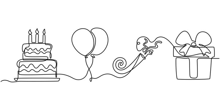 Continuous Line Drawing of Happy Birthday Icon. Hand Drawn Symbol Vector Illustration, Continuous line drawing of birthday cake with candle and balloons. Birthday cake one line drawing in single line