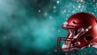 © Larisa AI - A vibrant red football helmet adorned with droplets of water, emphasizing the intensity and excitement of the sport, perfect for branding or promotional material.