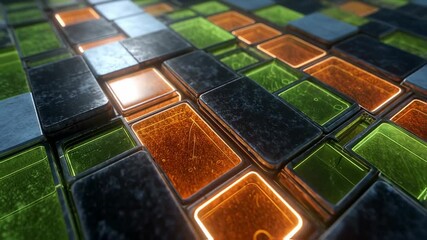 Aufkleber - Metallic and glass tiles in various colors, illuminated from within, form a complex mosaic, suggesting a futuristic design or technological advancement