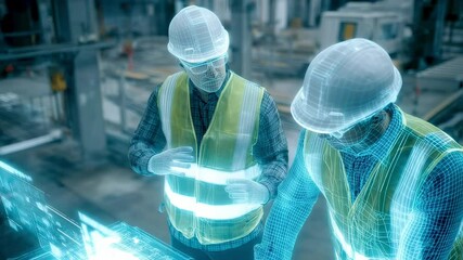 Poster - two engineers wearing safety helmets and vests interacting with a futuristic hologram interface, hig