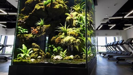Aufkleber - Nature infused gym experience with lush green plants, modern fitness equipment, bright lighting, tranquil atmosphere, treadmill