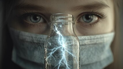Poster - Laboratory researcher wearing a surgical mask holds a glass bottle containing an electrical discharge, symbolizing scientific discovery and energy research