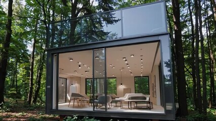 Poster - Modern forest retreat featuring expansive glass windows, minimalist interior design, surrounded by lush green trees