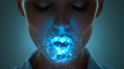 Poster - glowing blue particles emanate from a woman's mouth, creating a mesmerizing visual effect, suggestin