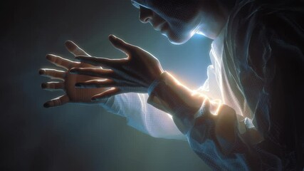 Aufkleber - Scientist wearing a lab coat moves their glowing hands in front of them, interacting with a virtual reality interface, exploring data and simulations in a dark laboratory
