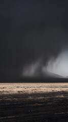 Wall Mural - Dramatic scene of a sand storm sweeping across a barren desert landscape vertical - black background