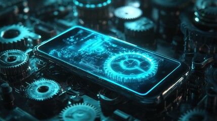 Futuristic smartphone with glowing gears on screen.