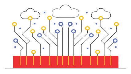 Illustration of a red base with lines connecting to clouds and dots in a modern style