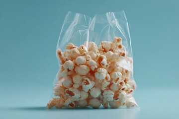 Poster - A clear plastic bag filled to the brim with fluffy, buttery popcorn, set against a bright, light blue background. Ready for snacking!