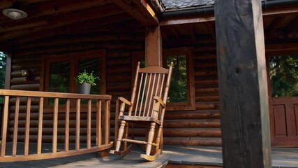 Poster - Charming cabin retreat with wooden porch, rustic log walls, outdoor plant, peaceful forest setting, natural light, nestled among