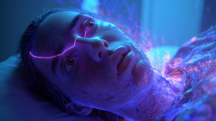 Poster - medical animation showing a female patient slowly awakening from cryosleep, a futuristic interface p