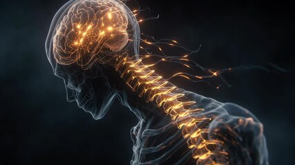 Poster - electrical signals travel down the spine from an illuminated brain, demonstrating the complex commun
