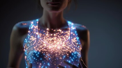 Poster - Luminescent particles radiating from woman's chest, generating mesmerizing energy visualization with glowing sparks surrounding her hands against dark studio background