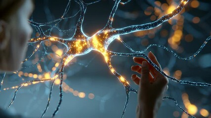 Poster - medical researcher interacting with a 3d model of a neuron, exploring its intricate connections and 