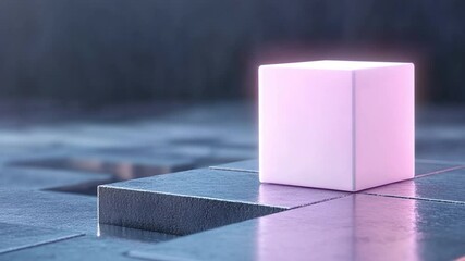 Aufkleber - Illuminated Cube: A modern image featuring a softly glowing, light-pink cube, placed on a textured, metallic surface against an abstract background.