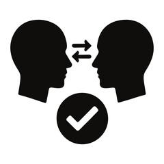 Poster - Two silhouetted heads facing each other with arrows and a check mark in a circle below them on transparent background