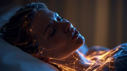 Poster - neural network activity visualization covers a beautiful woman sleeping peacefully, suggesting a dee
