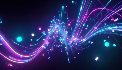 Wall Mural - vibrant neon wave stream with glowing particles on dark background for futuristic web design, tech b