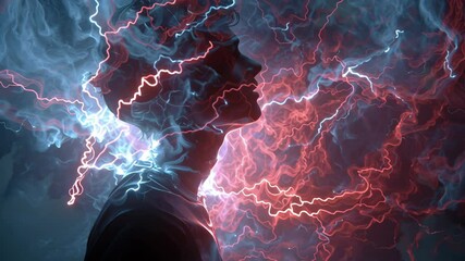 Poster - Crackling electrical energy surrounding silhouetted male profile, representing powerful mental dynamics, psychological intensity, and vibrant inner emotional landscape