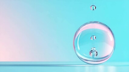 Leinwandbilder - Liquid droplet sphere: A delicate spherical droplet captures light, with suspended bubbles and a single falling droplet, all against a soft pastel background.