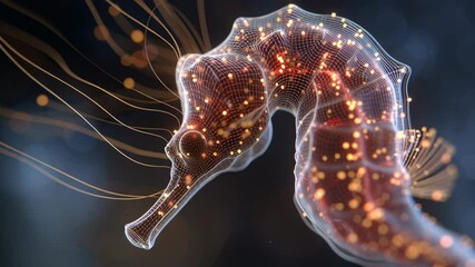 Poster - luminescent orange particles dynamically forming wireframe seahorse structure, revealing intricate d