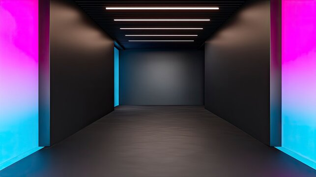 Symmetrical Hallway with Pink and Blue Neon Lights