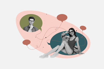 Poster - Creative full art collage of happy girl guy stand communication icon dialogue conversation speech distance chat discussion