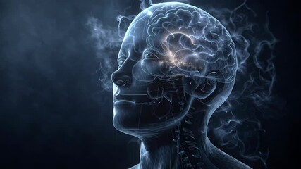 Poster - Human head and brain anatomy showing activity, with a growing light and smoke effect, useful for medical and scientific presentations, documentaries, and educational projects