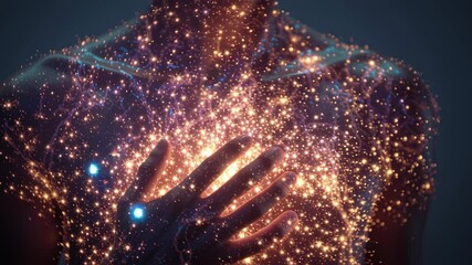 Poster - Luminous golden particles gently swirling and pulsing across human chest and hands, creating mesmerizing ethereal energy with mystical spiritual glow representing inner peace and cosmic connection