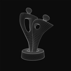 Poster - A 3D wireframe sculpture stands on a black background, featuring intricate abstract details and a realistic texture. The statue's geometric design creates a modern, artistic aesthetic with depth and.