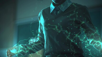 Poster - energy flowing through student's hands, visualizing augmented reality's potential, highlighting inno