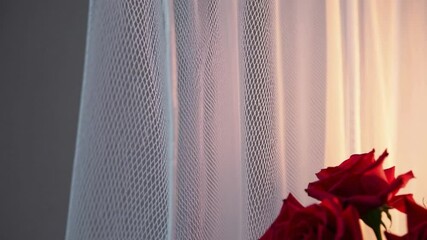 Poster - Soft white mesh curtain with gentle sunlight and red rose flower bouquet beside sheer curtain creates serene, romantic, simple