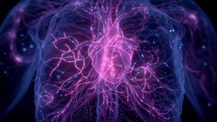 Poster - pulsating purple human heart glowing within rib cage, revealing intricate circulatory network of vei
