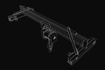 Fototapete - Single girder overhead crane drawing on black background, featuring a long arm with a hook for lifting heavy objects. The detailed illustration includes a hoist, crane arm, and hook, all connected.