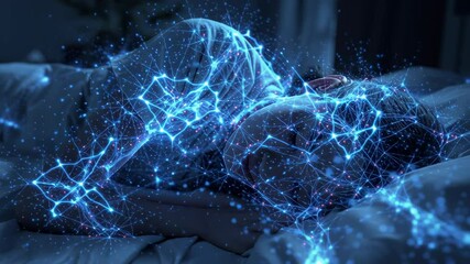 Aufkleber - Neural network visualization glowing around peaceful woman sleeping, representing intense brain activity and subconscious neural connections during deep sleep state