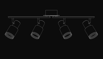 Fototapete - Four spotlights arranged in a triangular formation illuminate a sleek laptop placed at the center on a solid black background. The minimalist line drawing highlights the device with dramatic lighting.