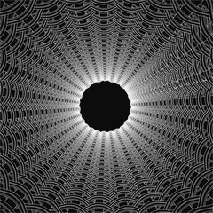 Poster - A black and white circular pattern features intricate lines and shapes forming a mesmerizing optical illusion with a central hole. The decorative design creates a tunnel-like effect
