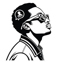 Black and white portrait of a cool man with a message bubble