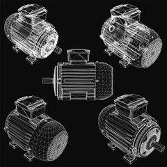 Poster - Electric motors in 3D model form, arranged symmetrically on a black background. Each motor has a unique shape and size, with white bodies contrasting sharply against the dark backdrop.