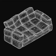 Fototapete - Leather sofa in 3D wireframe model, showcasing realistic contours and sleek design on a black background. The detailed mesh structure highlights the elegant curves and modern aesthetic.