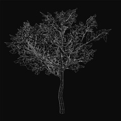 Fototapete - Low poly tree with geometric shapes and clean lines, forming an intricate design on a black background. The abstract style features angular polygons and sharp edges, creating a modern digital artwork.