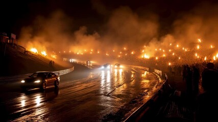 Poster - Several cars are drifting on a wet racetrack at night, surrounded by a large crowd of spectators holding flares, creating a dramatic and exciting atmosphere