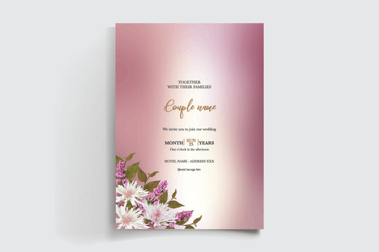 WEDDING INVITATION FRAME WITH FLOWER DECORATIONS AND FRESH LEAVES