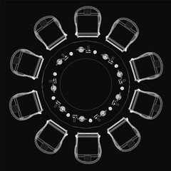 Poster - Round wooden table with matching chairs arranged symmetrically against a dark background, sketched in clean black and white line art. The minimalist illustration features smooth curves and precise.
