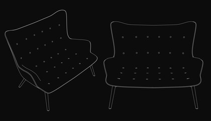Fototapete - Black lounge chairs with sleek modern design feature curved backrests and tapered legs. The dark background enhances the striking contrast of the black upholstery, creating a sophisticated aesthetic.